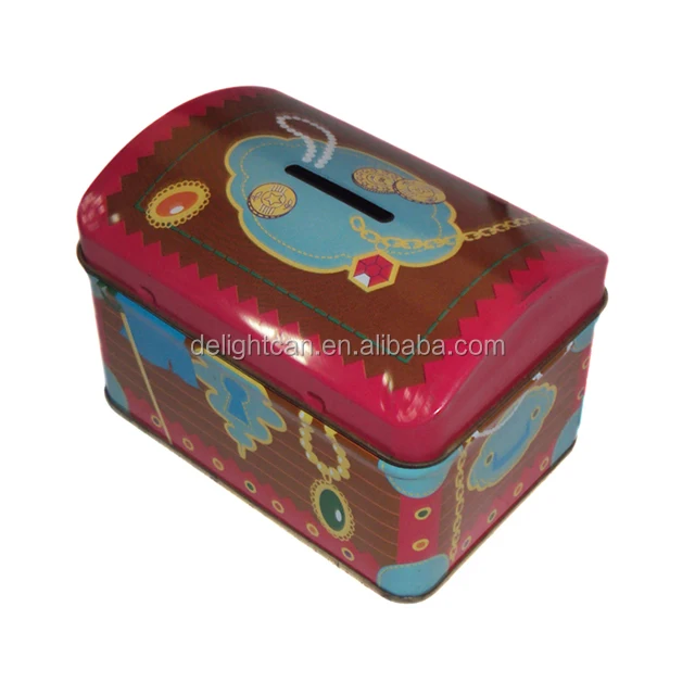 Empty tin box for money storage with hinged lid pillow shaped tin box coin collection
