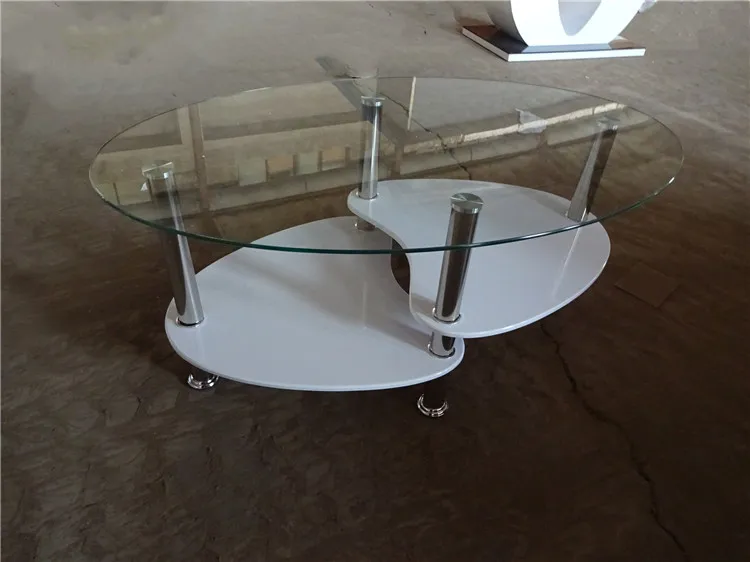 New design stylish high gloss stainless steel legs oval tempered glass coffee table