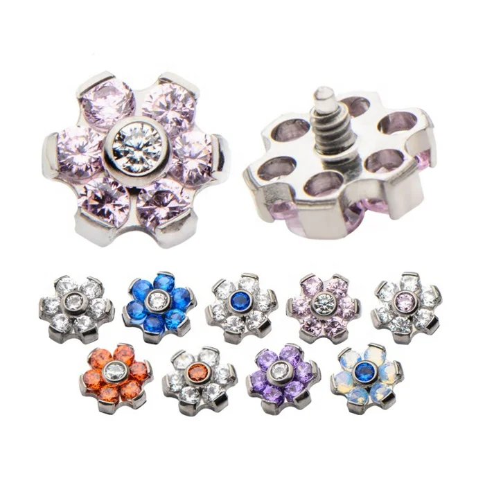 High Polished Titanium Internally Threaded Flower Crystal Micro Dermal Jewelry