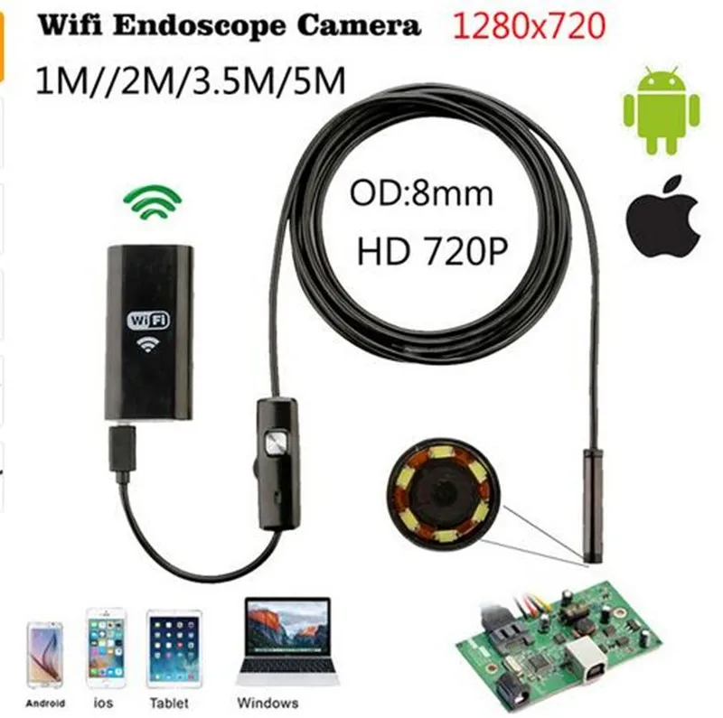 8MM 5m Waterproof 720P HD wifi Endoscope Camera Snake Tube Pipe Borescope