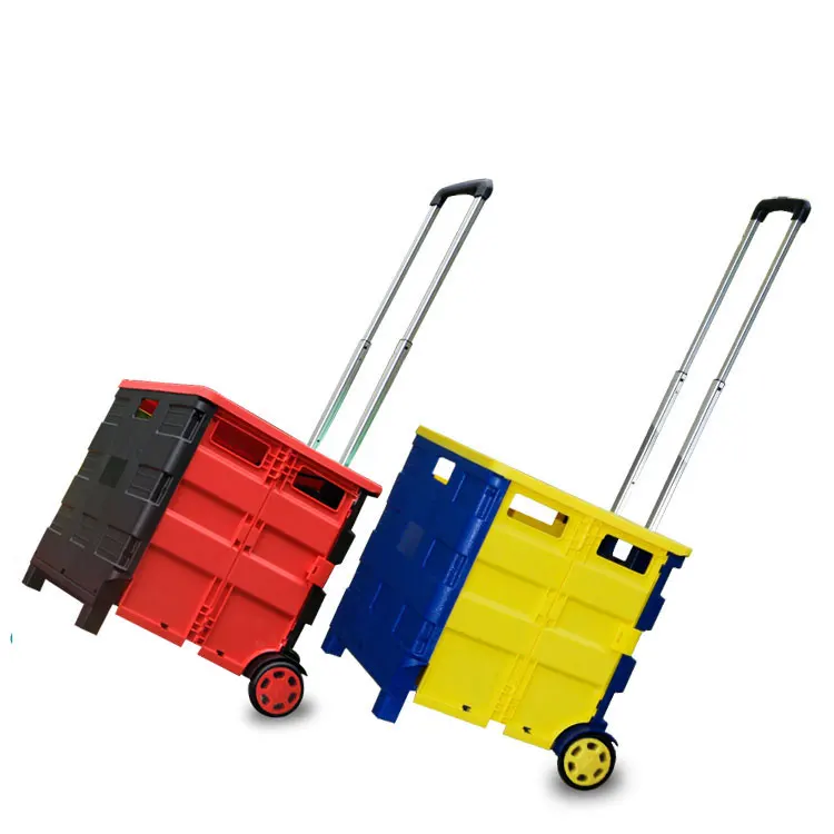 Woka Home Plastic Foldable Trolley Cart Portable Supermarket Shopping Cart with Hand Push Wheels and Lid Small Size