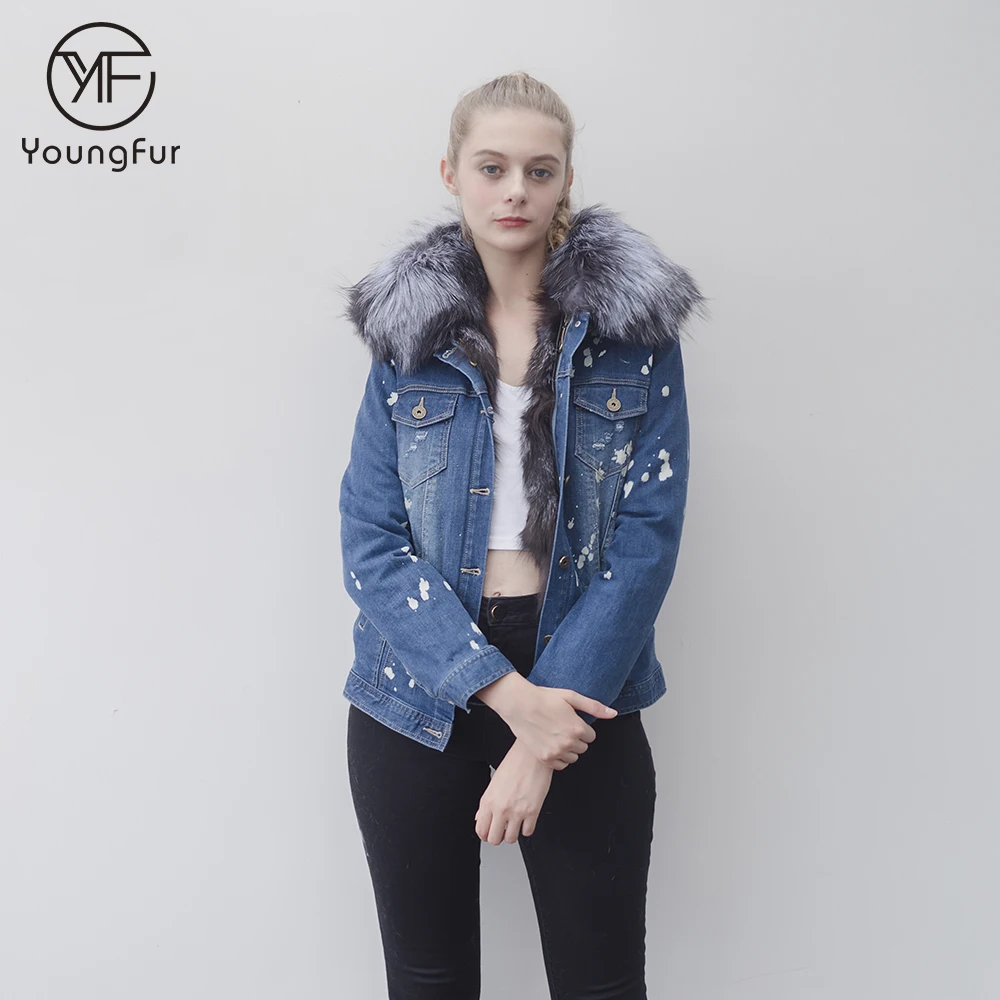 Best selling top fashion winter denim jacket with fur collar and silver fox fur liner