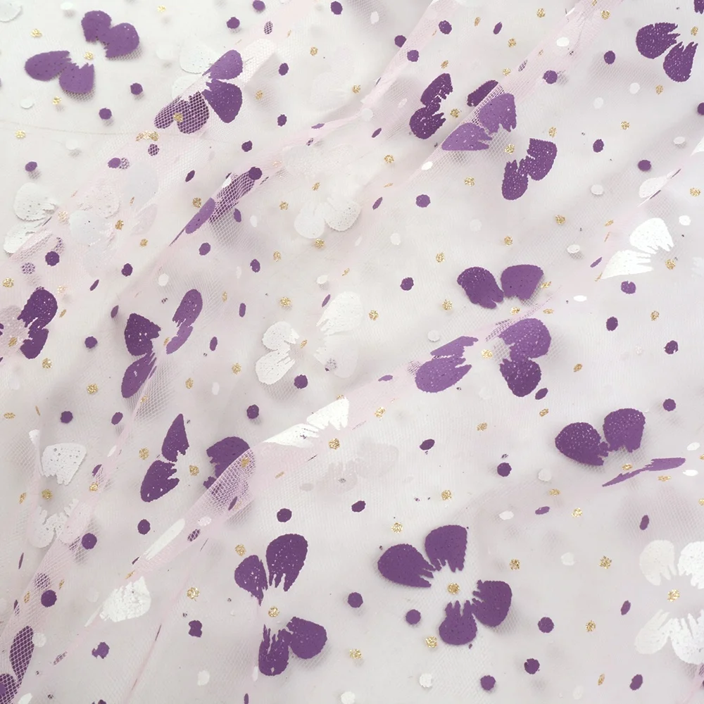 
19 by 59 inch Gold Glitter Dot Purple Knot Bow Organza Lace Tulle Fabirc47666 