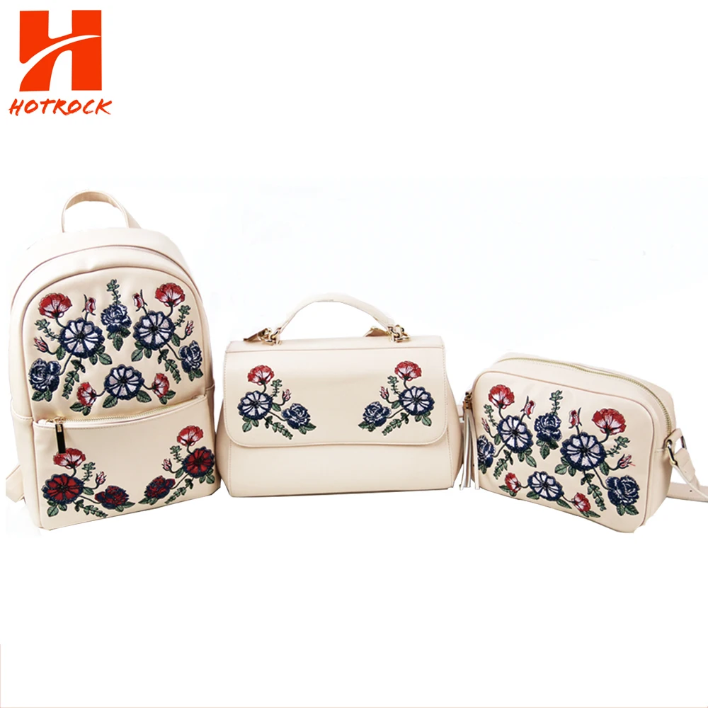 OEM Embroidered women bags Pink Pu Leather 3 in 1 bag Sets