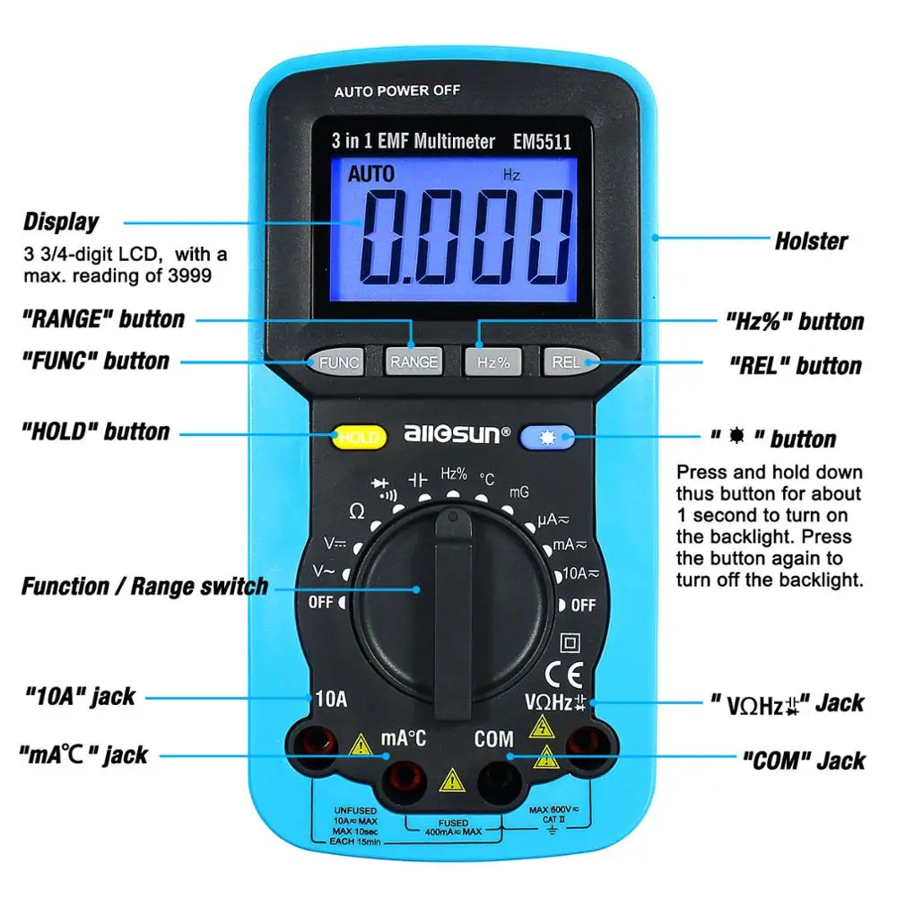 All-sun EM5511 3in1 Digital Multimeter Voltmeter Ammeter Ohmmeter DC AC EMF Multimeter Automotive Tester