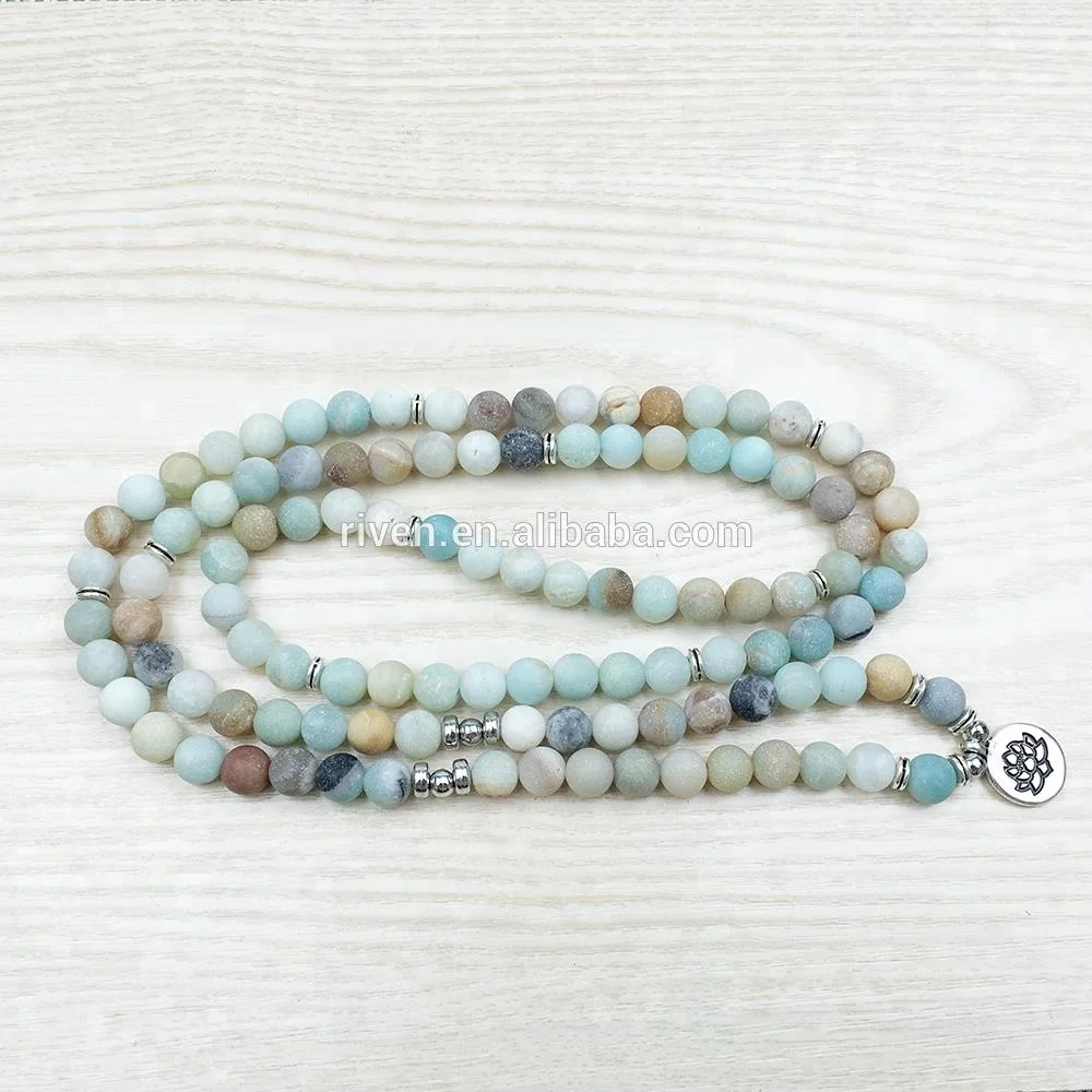 SN1142 8mm Frosted Matte Amazonite Prayer Beads Lotus Om Man 108 Amazonite Mala Beads Bracelet for Men