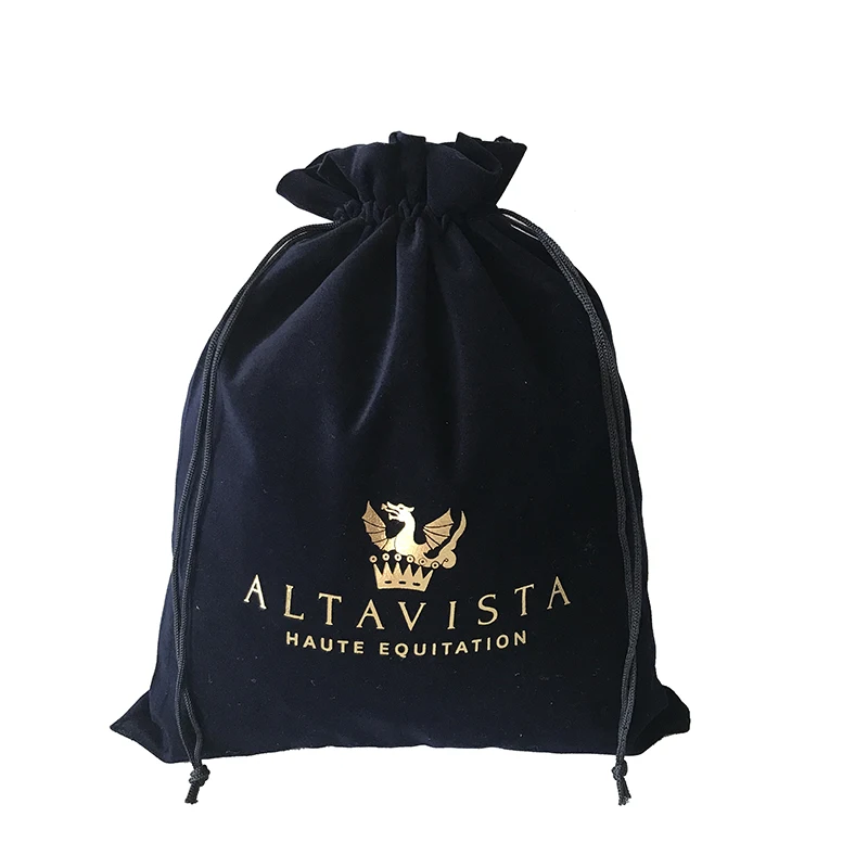 Customized Brand Logo Gold Hot Print Navy Blue Velvet Drawstring Makeup Gift Bags