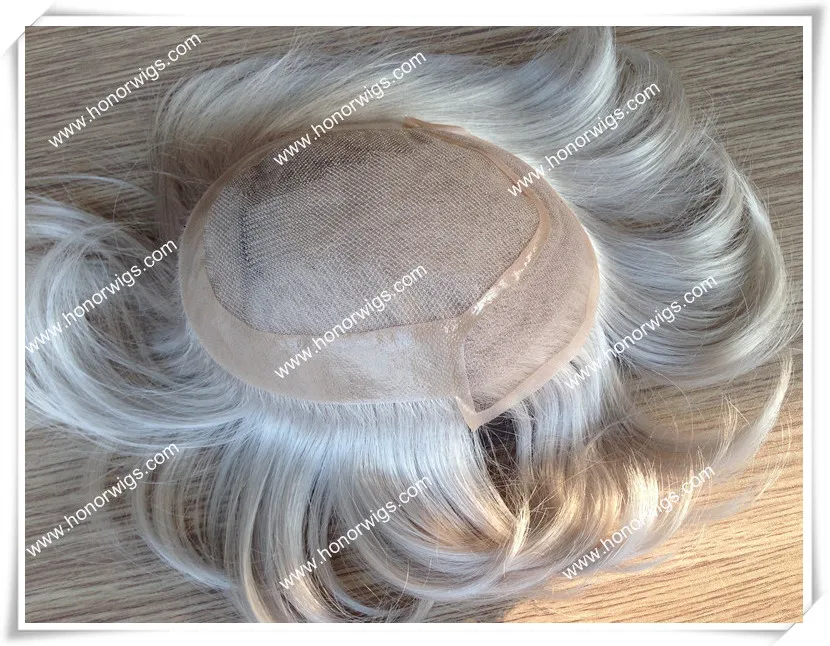 Персонализированный мужской парик HT17, 100% синтетические волосы K7 из Японии, белые серые волосы o.12mesh с прозрачной тонкой кожей около 7x9 дюймов