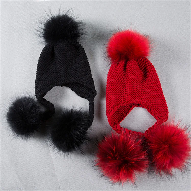 Raccoon Fur Hat Beanies Cap Crochet Children Knitted Hats/cute baby kids girl boy autumn winter fur hat