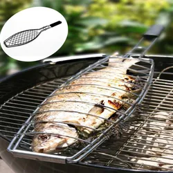 Barbecue Outdoor Kitchen BBQ Fish Grid Grilling Fish Basket Folder Tool BBQ Fish Net With Wooden Handle