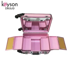Keyson Aluminum Cosmetic Trolley Train Case Studio Make up Case with 4 LED Lighted Mirror