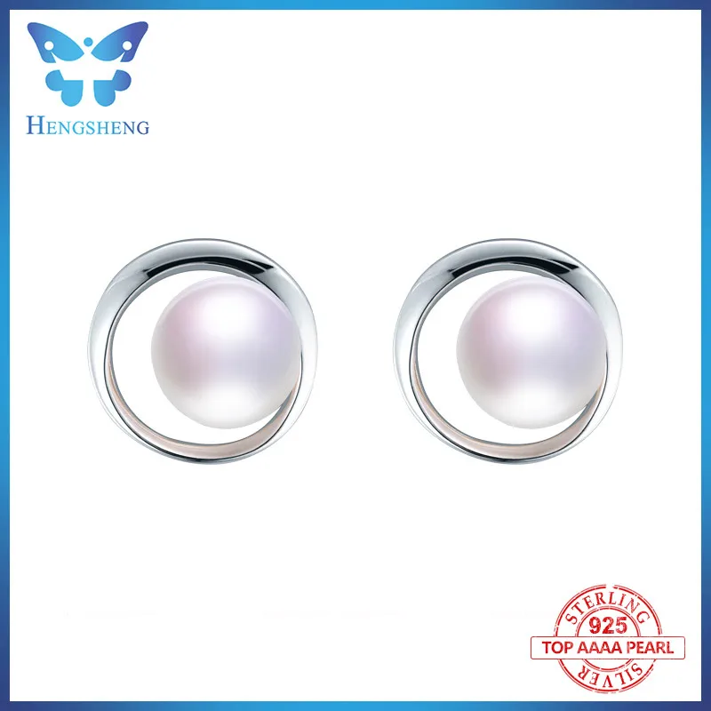 HENGSHENG 2017 9-9.5mm natural freshwater pearls 100% 925 sterling silver circle studs earrings white pink purple
