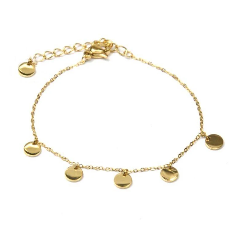 Non Tarnish Hypoallergenic Jewelry 18K Gold Plated Dainty Jewelry Women Stainless Steel Tiny Disc Charm Coin Bracelet