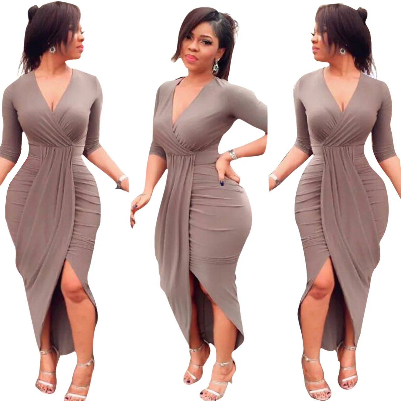 YQ29 Sexy V Neck Half Sleeves Asymmetrical Red Polyester Sheath Mid Calf Dress With Long Sleeve Maxi Dress