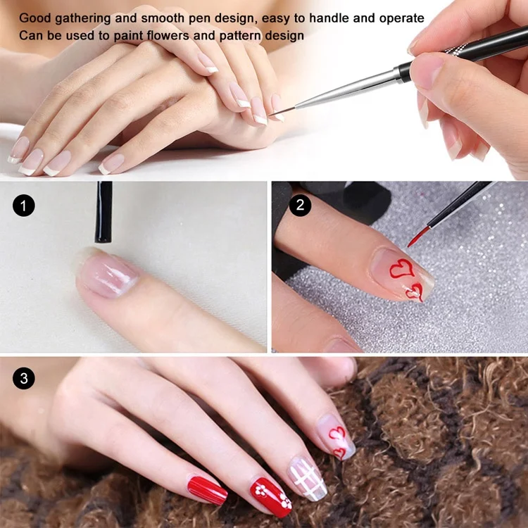 Black Metal Handle With Heart Shape Extra Fine Thin Nail Art Drawing Manicure Pen Stripe Nail Liner Brush with Cap