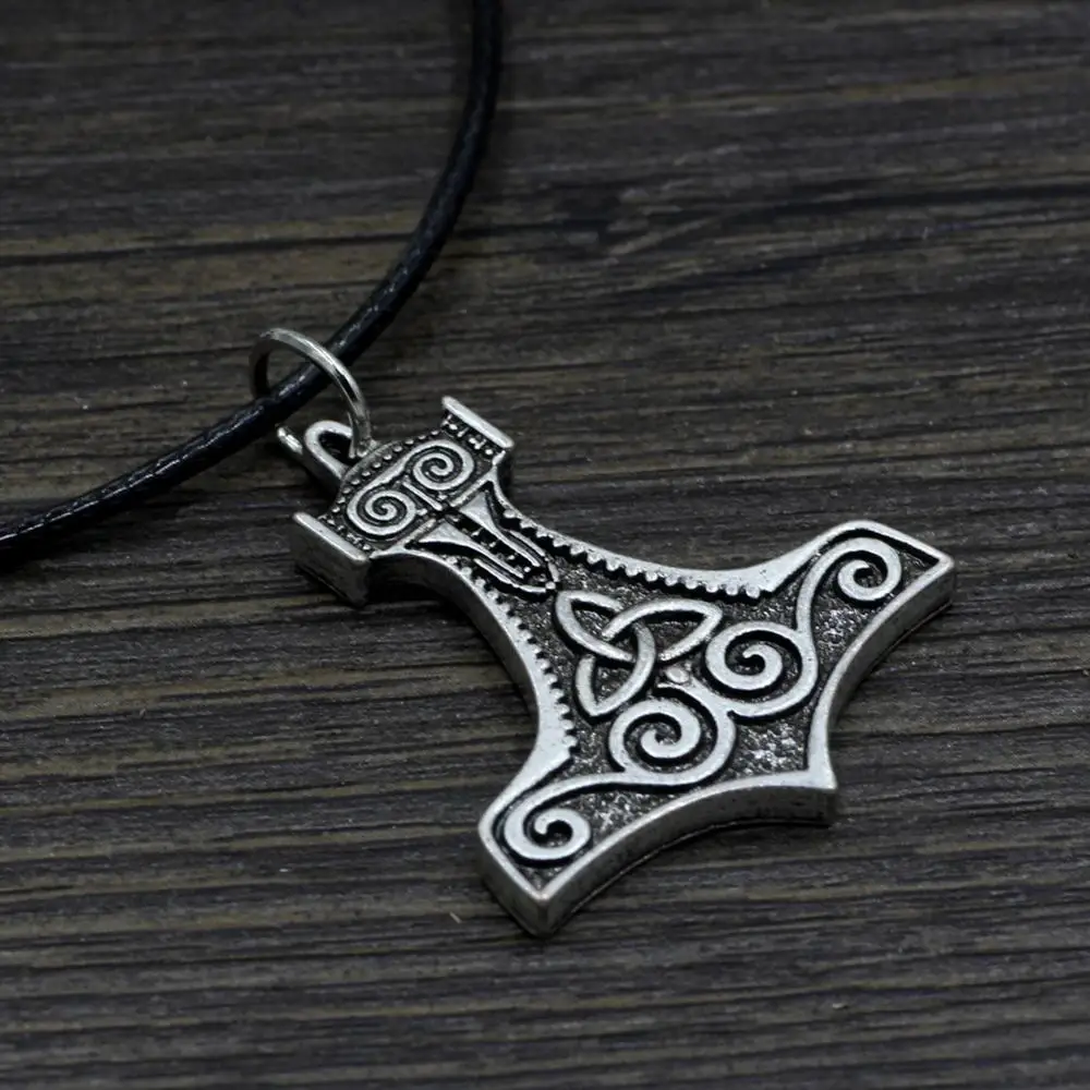 Norse Vikings Amulet PENDANT Necklaces Hammer Of Thor Mjolnir Pendant Leather Rope Necklaces Knot Viking Jewelry
