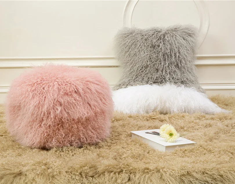 Grey Color Best Seller Custom Square Pouf Genuine Mongolian Lamb Skin Covers