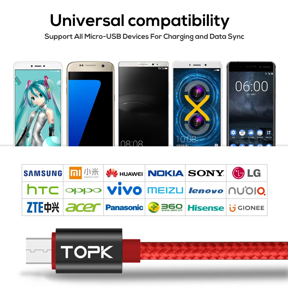 TOPK AN27 Voltage and Current LED Display Durable Nylon Weave USB Charging Cable & Data Sync Micro USB Cable