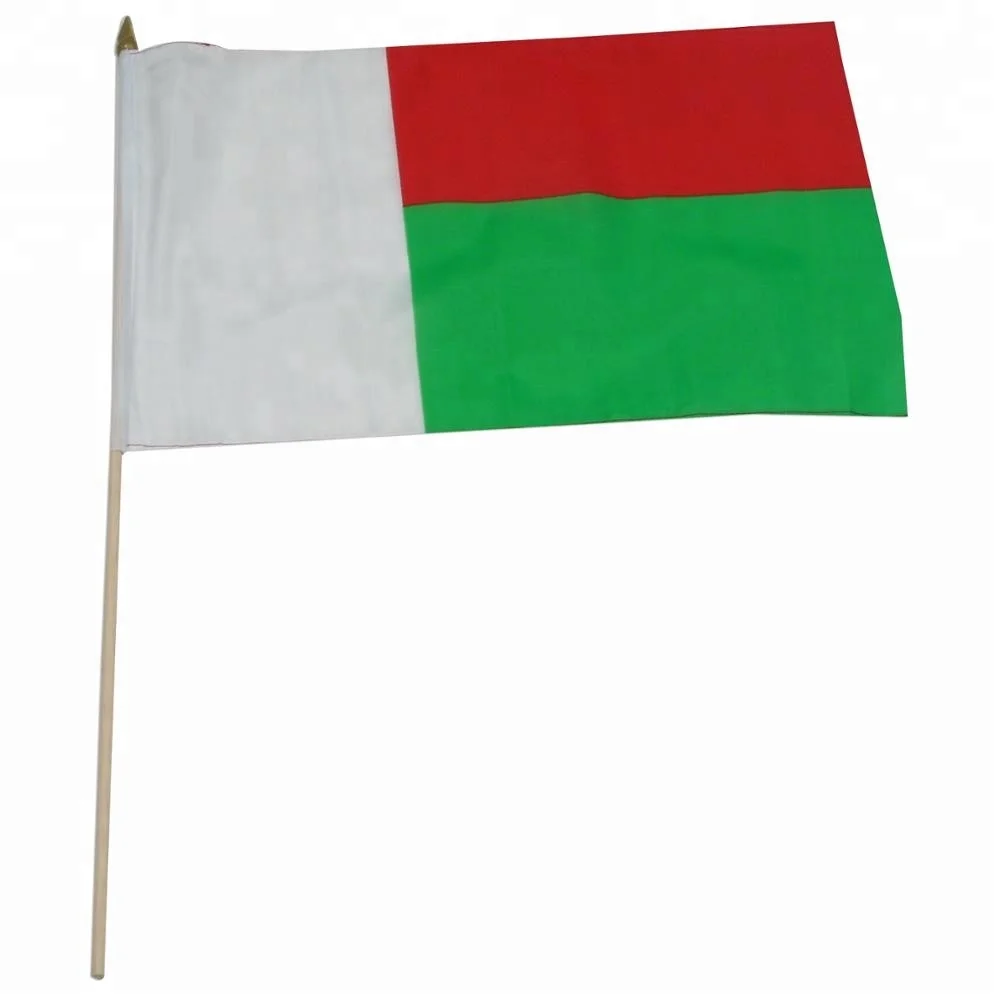 Factory Custom Madagascar Hand Flag with Stick Cheap Polyester Satin Burlap Material for Travel Agencies