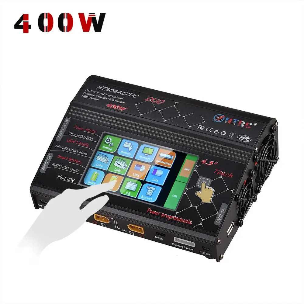 HTRC HT206 AC/DC DUO RC Toy Lipo Battery Balance Charger 400W 40A Dual Port LCD Touch Screen for Lilon/LiPo/LiFe/LiHV Battery