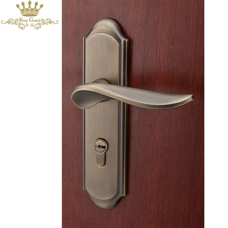 Security wooden door handle with plate lock set cheap lock set door lever handle sets bronze curved handle for mute