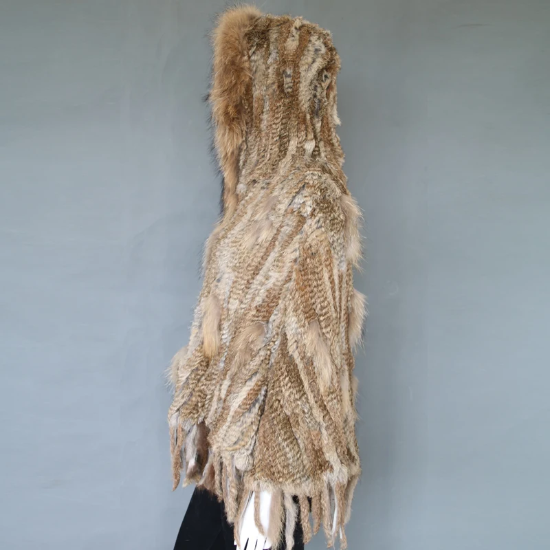 Genuine rabbit fur knitted poncho with hood for women real raccoon fur trim cape wholesale