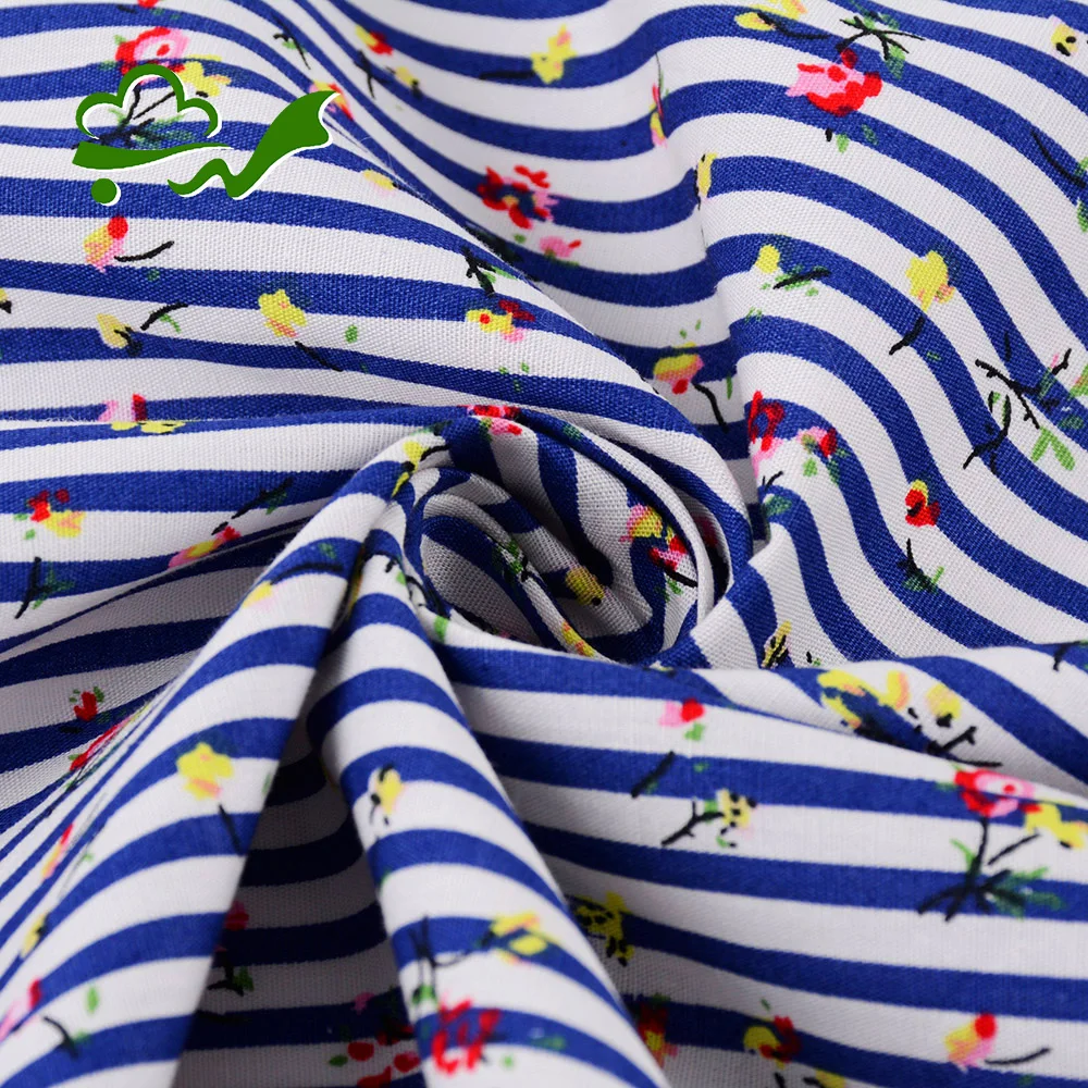 New design custom printed flower stripes blue 100% cotton shirt fabric