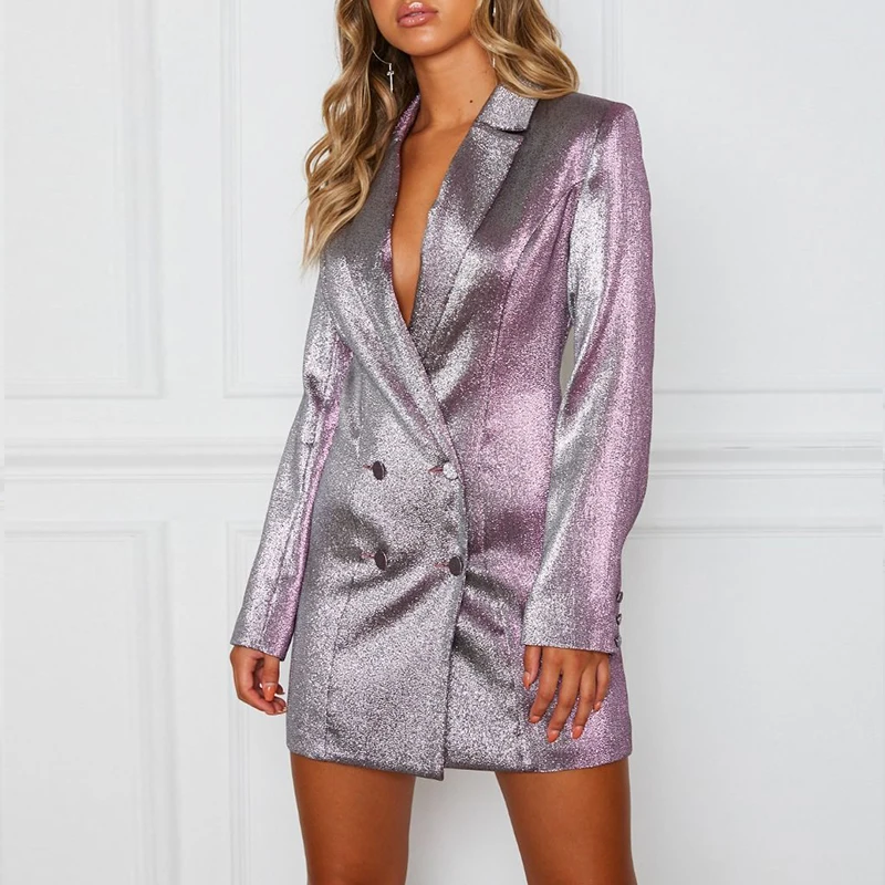 Silver Long Sleeve Formal Mini Blazer Dress Women Office Dresses Jacket Full Casual Dresses Plaid Natural OEM Service Adults