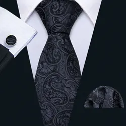 Classic Paisley Jacquard Woven Tie Pocket Square Cufflinks Black Silk Tie Set For Men