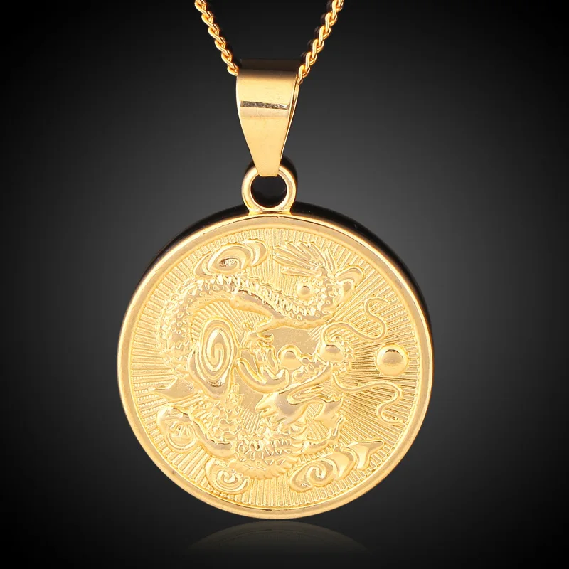 Wholesale Vintage Gold Color Round Chinese Ethnic Zodiac Dragon Pendant Necklace Jewelry for women men drop shipping trendy gift