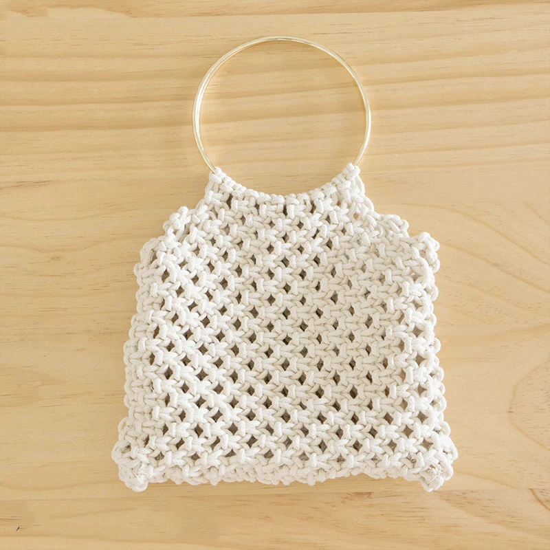 round metal handle macrame crochet handbag handmade cotton rope straw weave braid mesh net bag