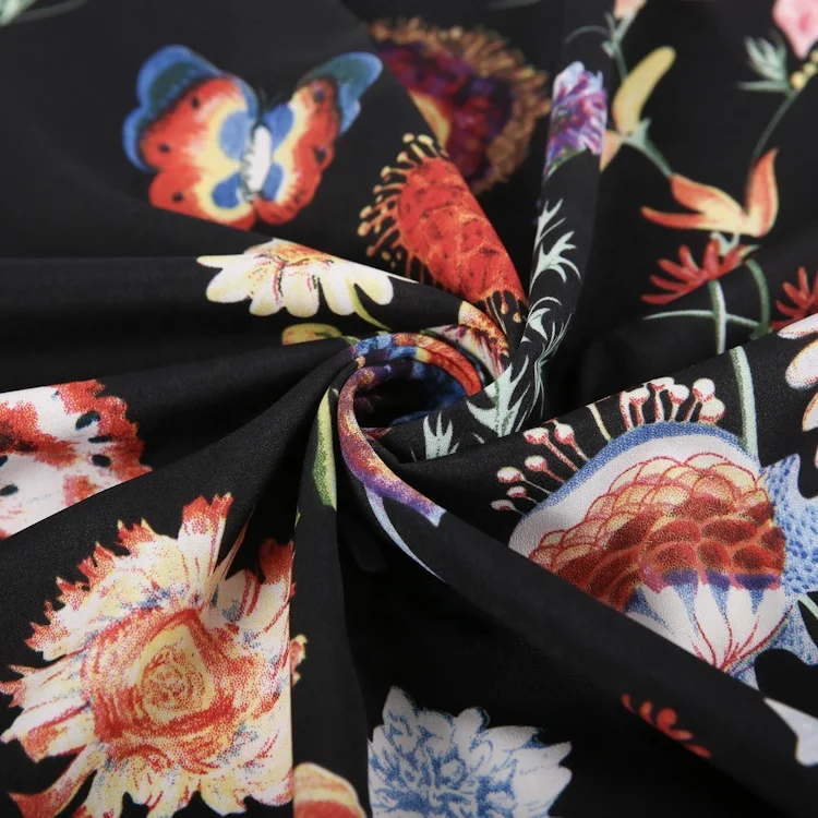 Korean design shinny polyester women custom printed moss chiffon floral printed crepe fabric ready goods wholesale