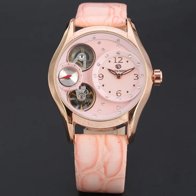 New luxury three eyes drilling mechanical watches skeleton mechanical belt watch