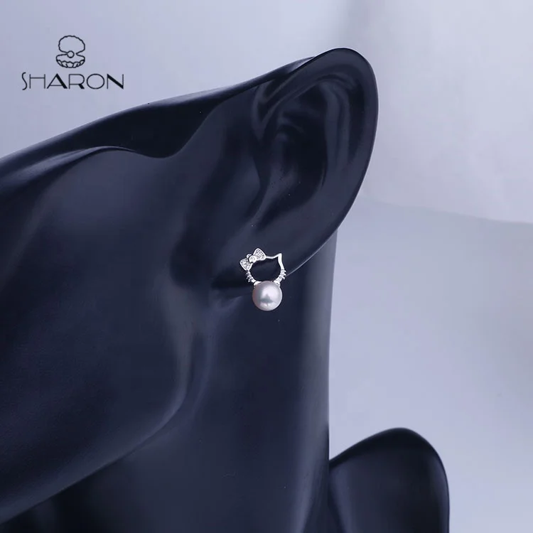 Hot Sale Women Jewelry Hello Kitty 925 Sterling Silver New Design of Pearl Earrings Stud