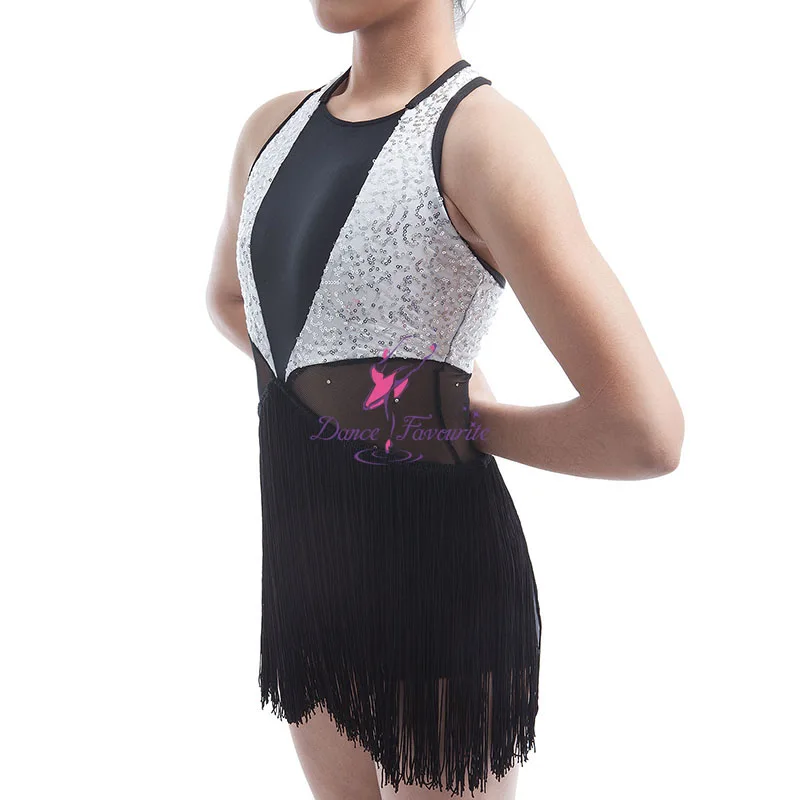 New Arrival of Girls Black/White Sequin and Mesh Dance Bodice with Black Tassel Skirt Jazz & Tap Dance Costume 16042