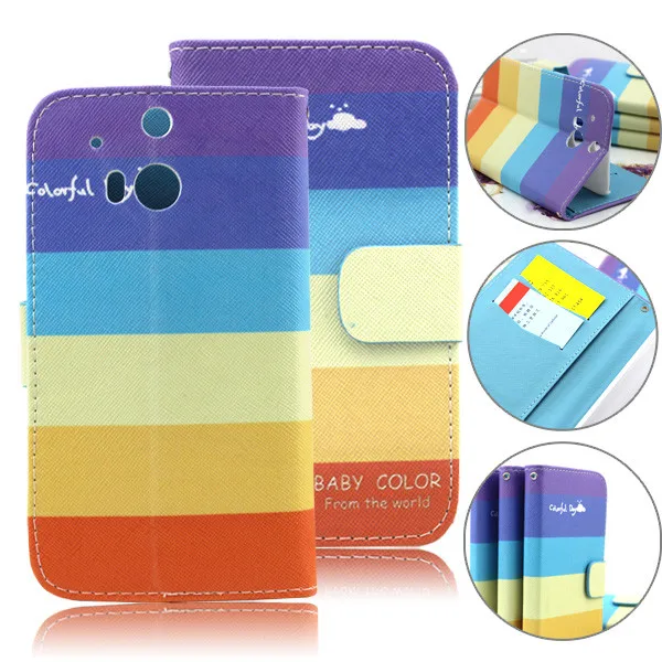 высокое качество красочные радуги стенд коёаный бумаёник флип случае для htc один m8