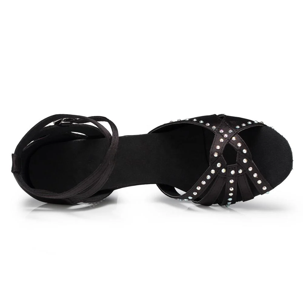 Модные атласная ткань + стразы L164 Каблук 7,5 см Сальса обувь для женщин туфли для латинских танцев