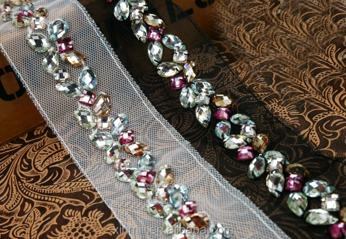 handmade sew on colorful rhinestone lace trimming for clothing collar decoration