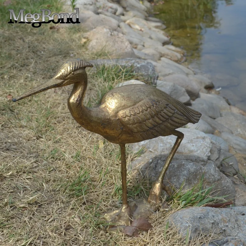 3D Garden egret bird statues figurine in antique gold finish