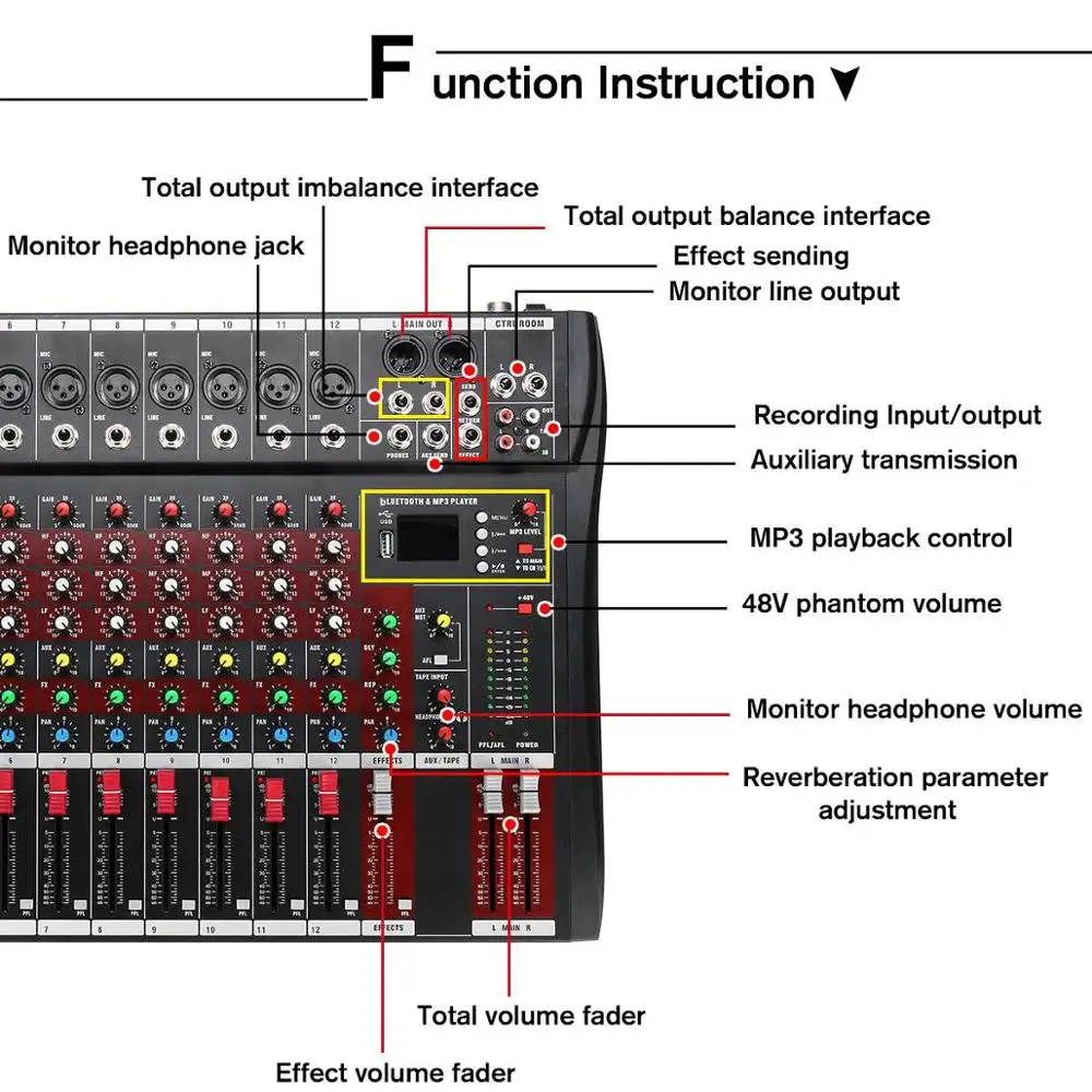 Free Ship 12/8 Channel DJ Sound Mixing Console Mixer BT USB Microphone Digital Console Karaoke Audio Mixer Phantom Power