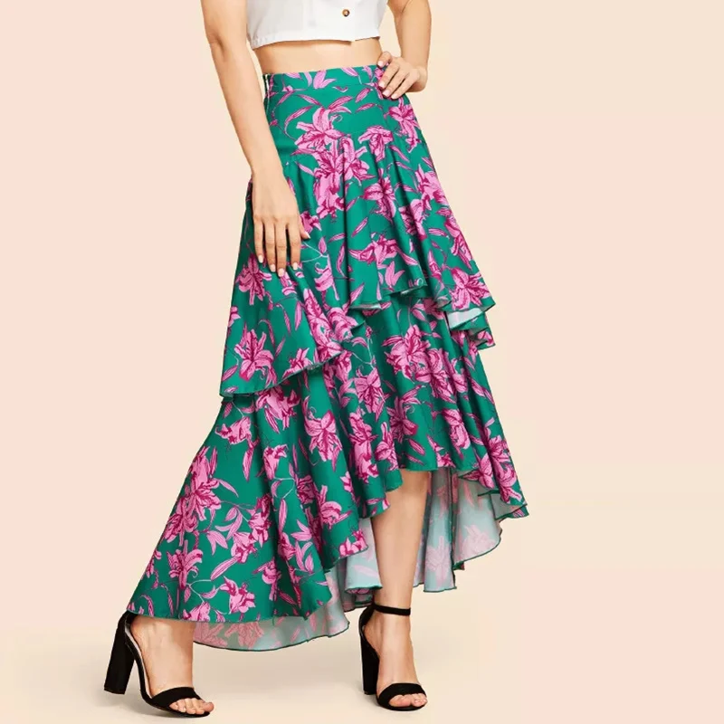 Tiered Layer Floral Print Asymmetrical Satin Maxi Skirt Women High Low Hem Dancing Party Skirt
