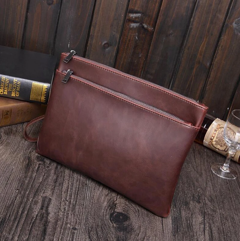 Dreamtop DTD061 brown artificial PU leather hand purse men clutch bag for Ipad wallet