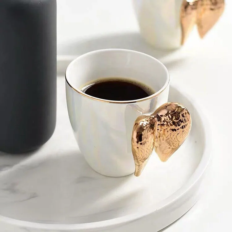 Handmade ceramic golden angel wings coffee cup mug