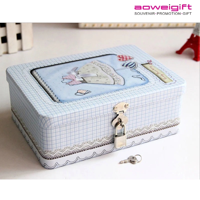 Custom Wedding Gift Rectangle Box With Lock Candy Tin Storage Treasure Chest Box