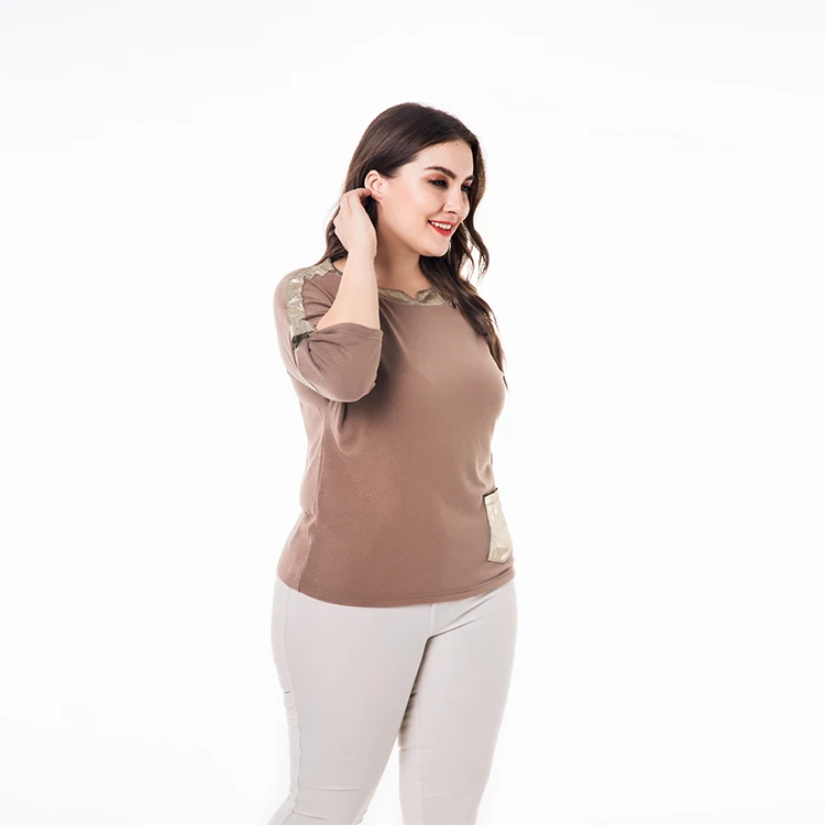 Wholesale European and American plus sizes clothing with circular collar gilt button belt knitted T-shirt top for women.