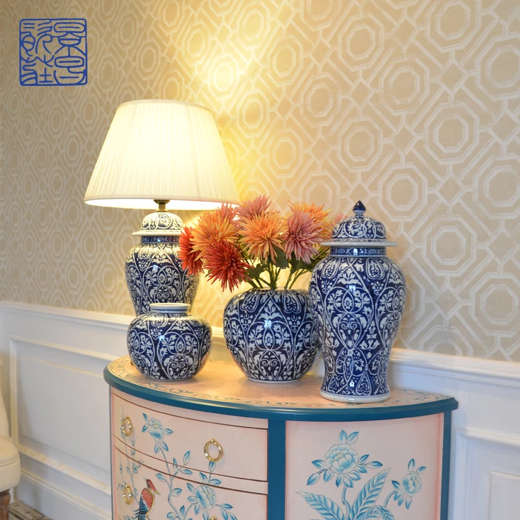 chinese home decorative porcelain fancy ceramic luxury antique modern design blue and white vase table lamp for hotel