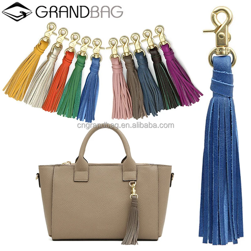 Women bag accessory genuine leather tassel charm Key chain ring Handbag ornament