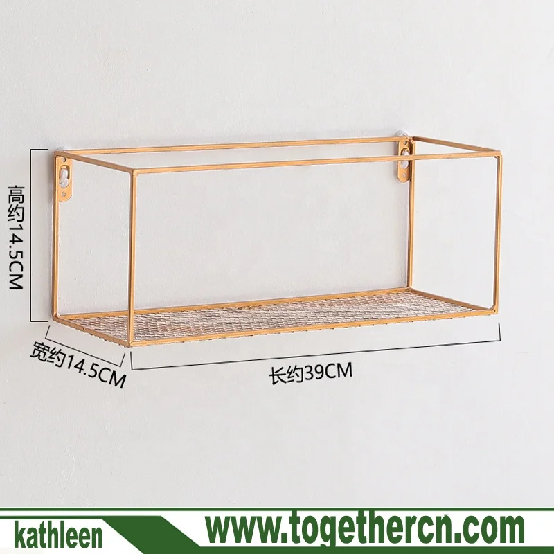 
Bathroom Kitchen Wall Decorative Floating Rectangle Gold Color Metal Wire Shelves 