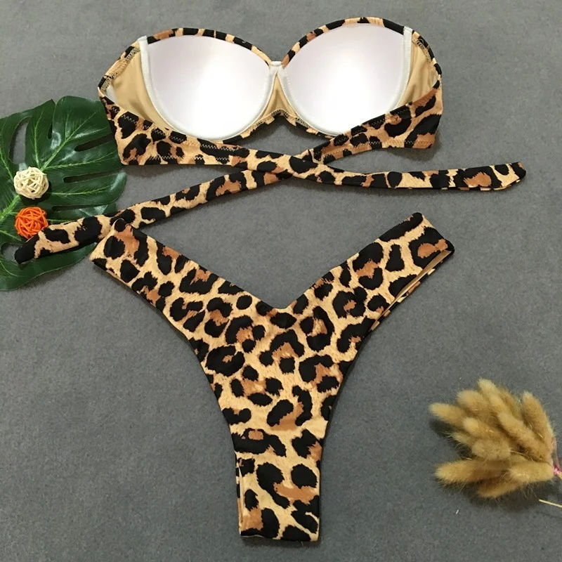 New design best selling sexy polyester swimwear women bandage leopard bikini