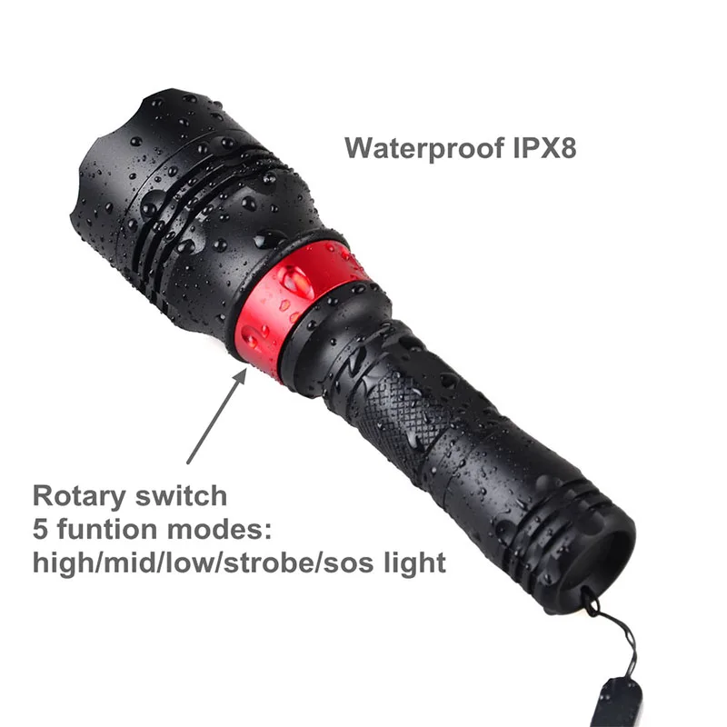 Portable LED Diving Torch XM-L2 or T6 or UV LED Most Power Flashlight Waterproof LED Light